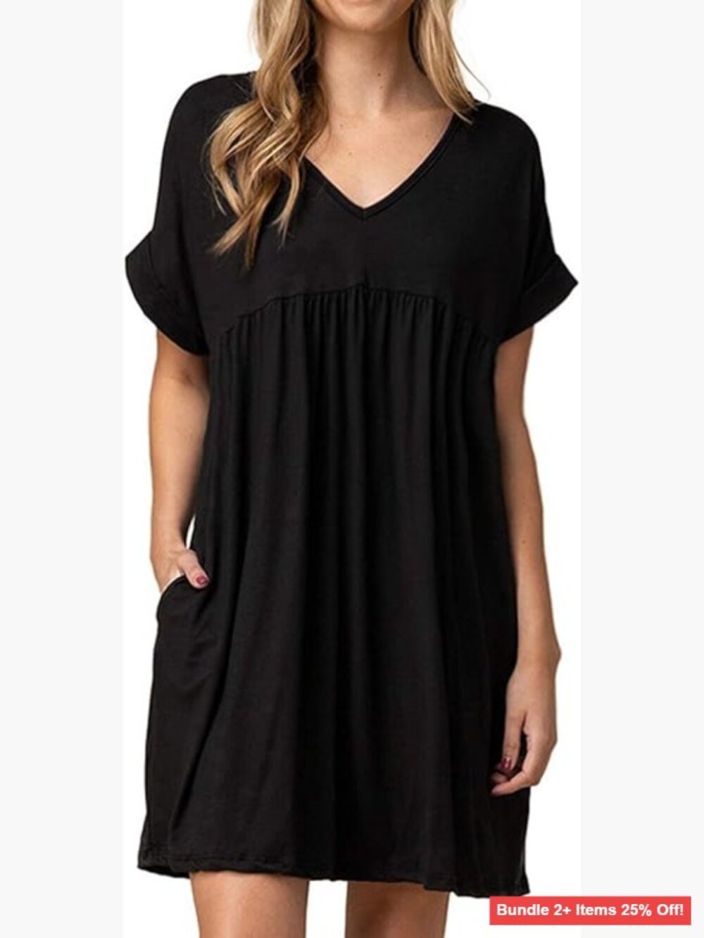 Women's Summer Tshirt Dress Babydoll Mini Tunic Ruched A-Line Flowy Pockets